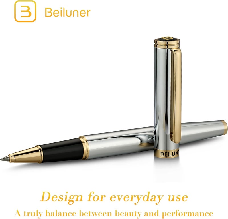 BEILUNER Luxury Rollerball Pen, Stunning Silver Chrome with 24K Gold Finish,Noble and Elegant Designs,Schneider Ink Refill, Best Gift Pen for Men & Women, Professional, Executive Office, Fancy Pens - Image 3